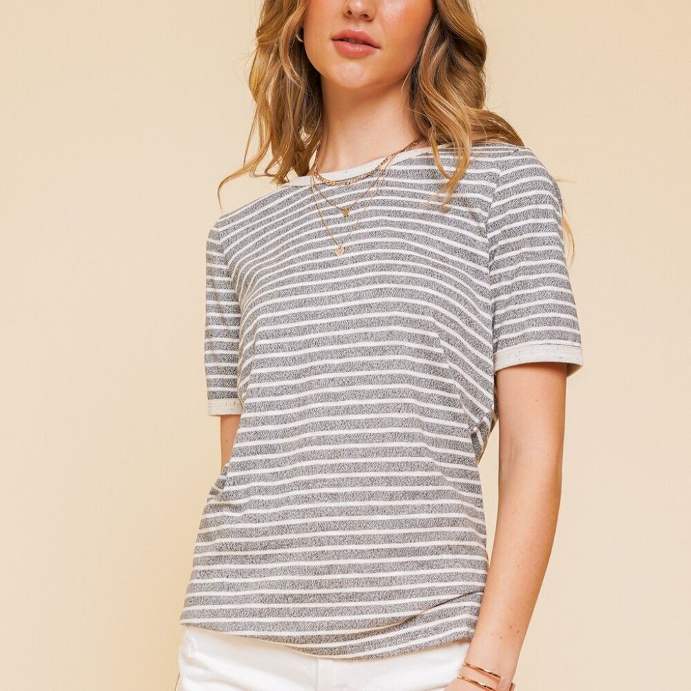HEM & THREAD Grey and White Striped Short Sleeve Top, Casual Knit Tee
